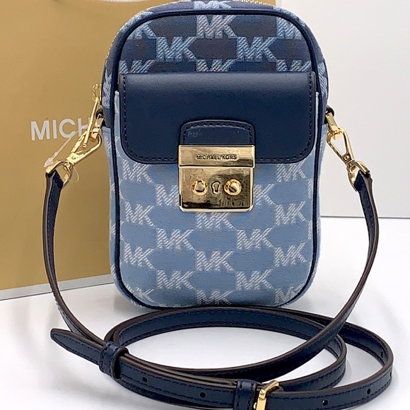 MICHAEL KORS SLOAN EDITOR SMALL NS TOP ZIP FLAP PACKET XBODY NAVY MULTI - Picture 2 of 16